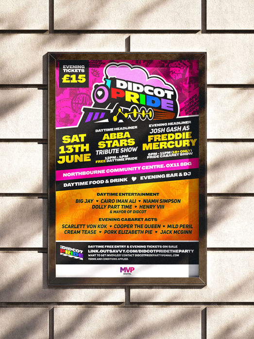 Didcot Pride's event poster design is on display to promote their event. 