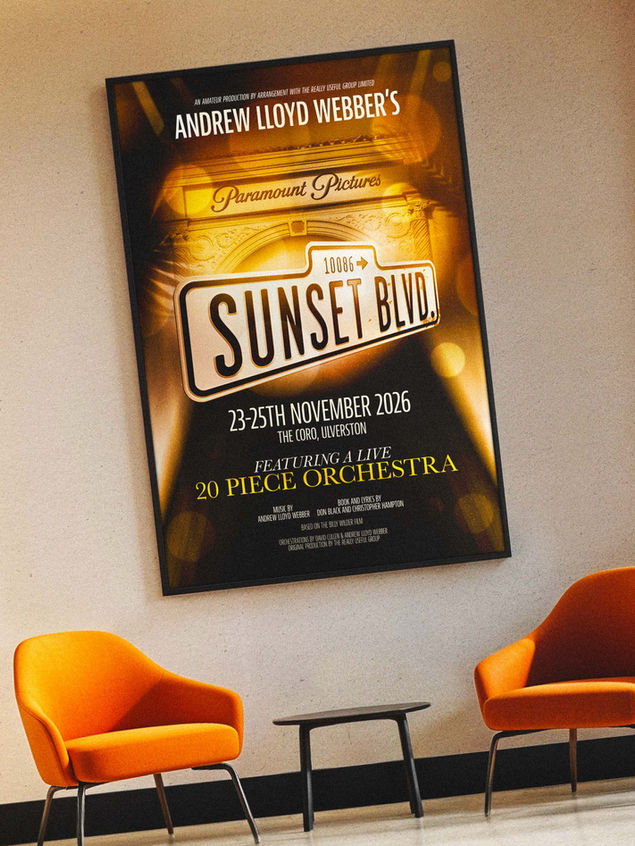 Sunset Boulevard musical poster design on display in a theatre foyer. 