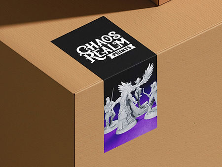 A cardboard package box with Chaos Realm Prints branded parcel tap.