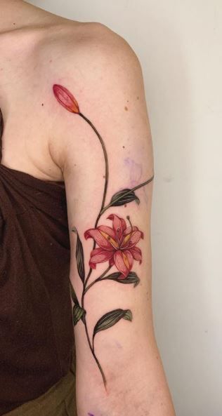 Bold traditional hawthorn tattoo American style on calf
