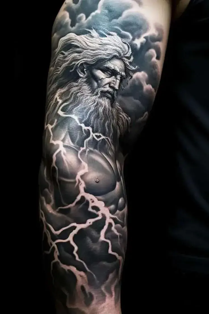 Watercolor Zeus tattoo eagle flight — blue sky bird god thigh ethereal freedom design
