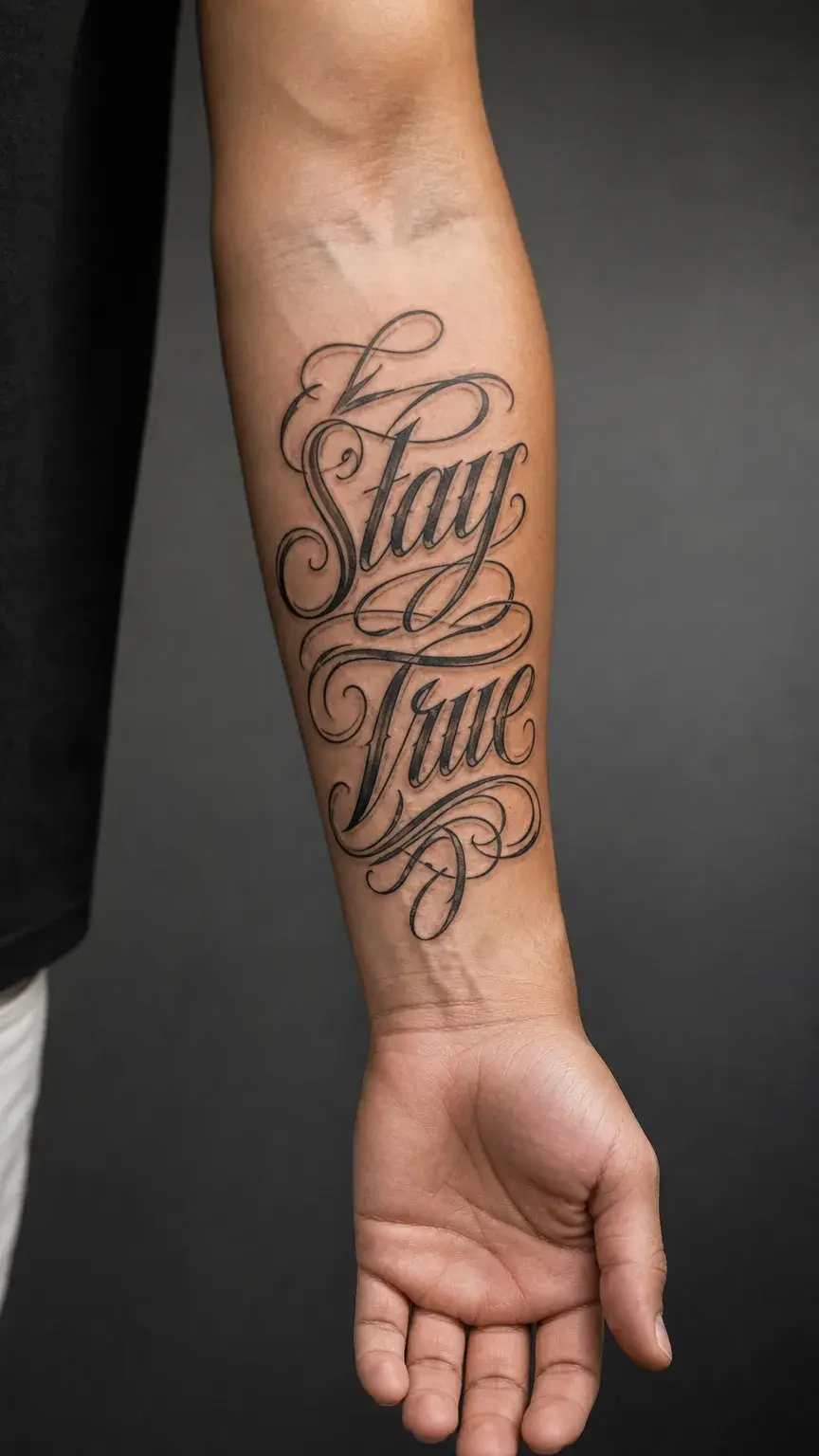 Chicano script Stay True tattoo on inner forearm with custom calligraphy
