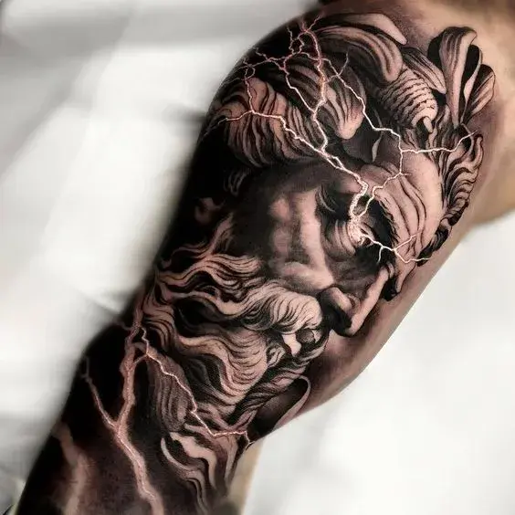 Dotwork Zeus tattoo throne steps — pointillism ascending stairs ribs intricate power