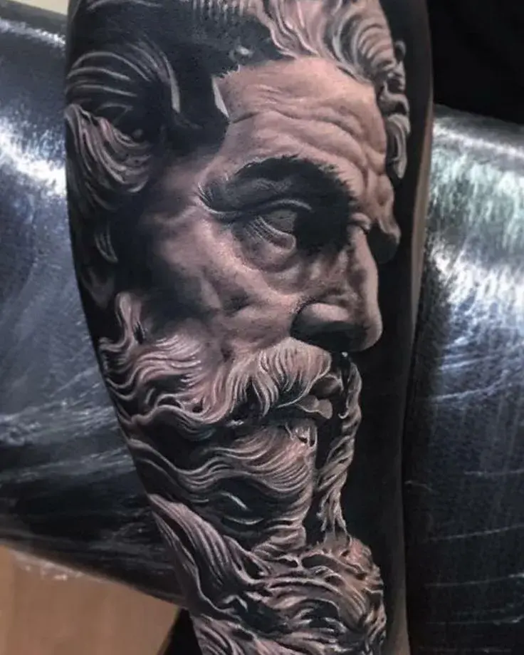 Trash polka Zeus tattoo thunder rage — red black chaos god bolt abstract shoulder