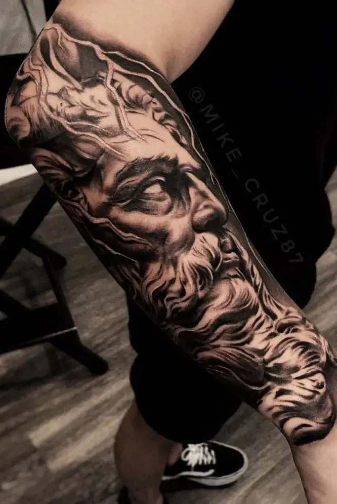 Irezumi Zeus tattoo dragon clash — large god vs beast red waves full sleeve epic