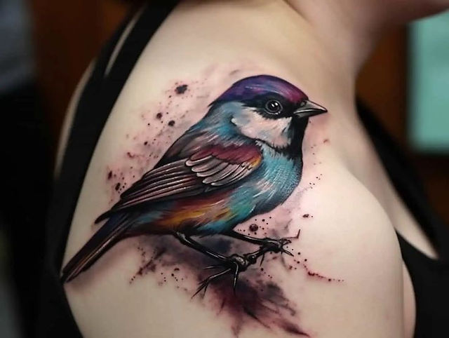  Colorful bird tattoo design on a branch
