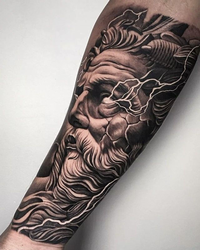 Black grey Zeus tattoo eagle throne — dramatic shading king with bird forearm realism power