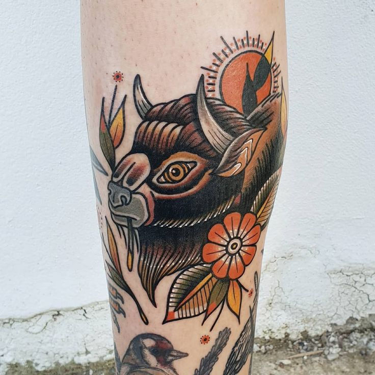 Bison tattoo forearm men bold design