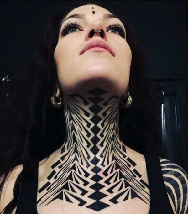 Women's collarbone neck tattoo: lace pattern design, romantic and intricate feminine ink.