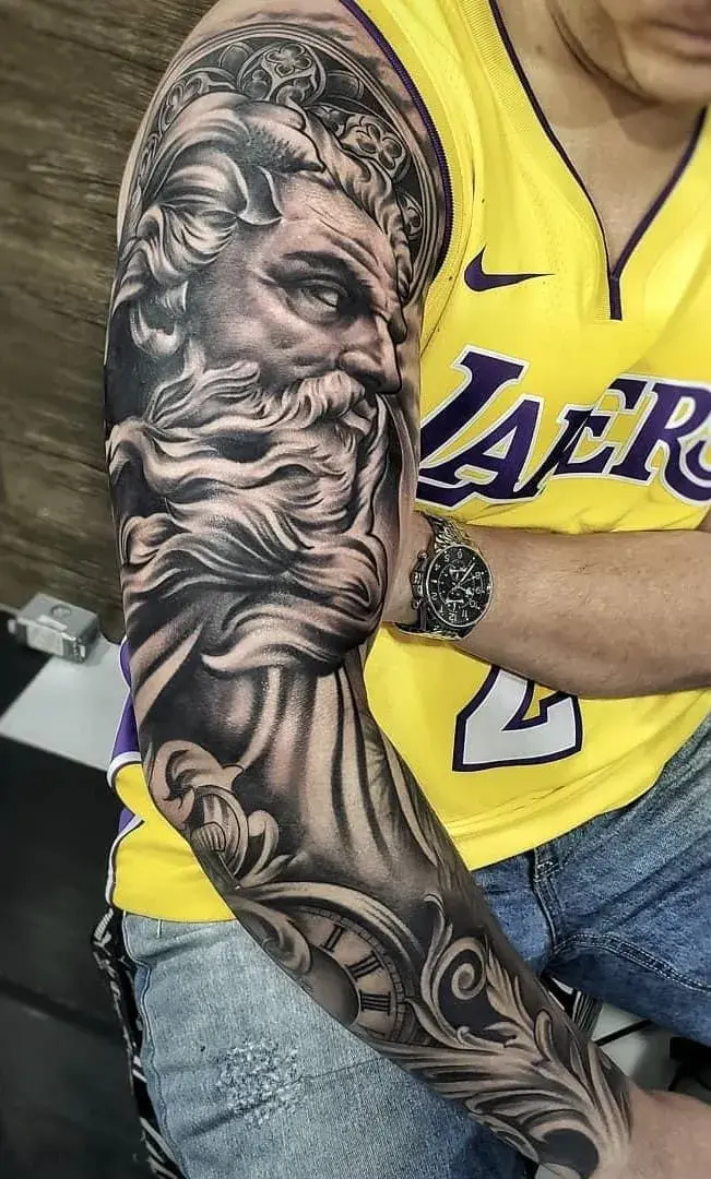 Zeus tattoo Prometheus fire gift — neo-traditional chained titan flame back myth scene