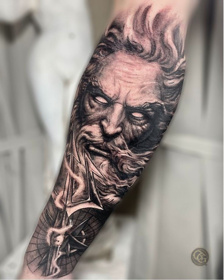 Zeus tattoo with Athena owl — father daughter duo neo-traditional vibrant hand wisdom power