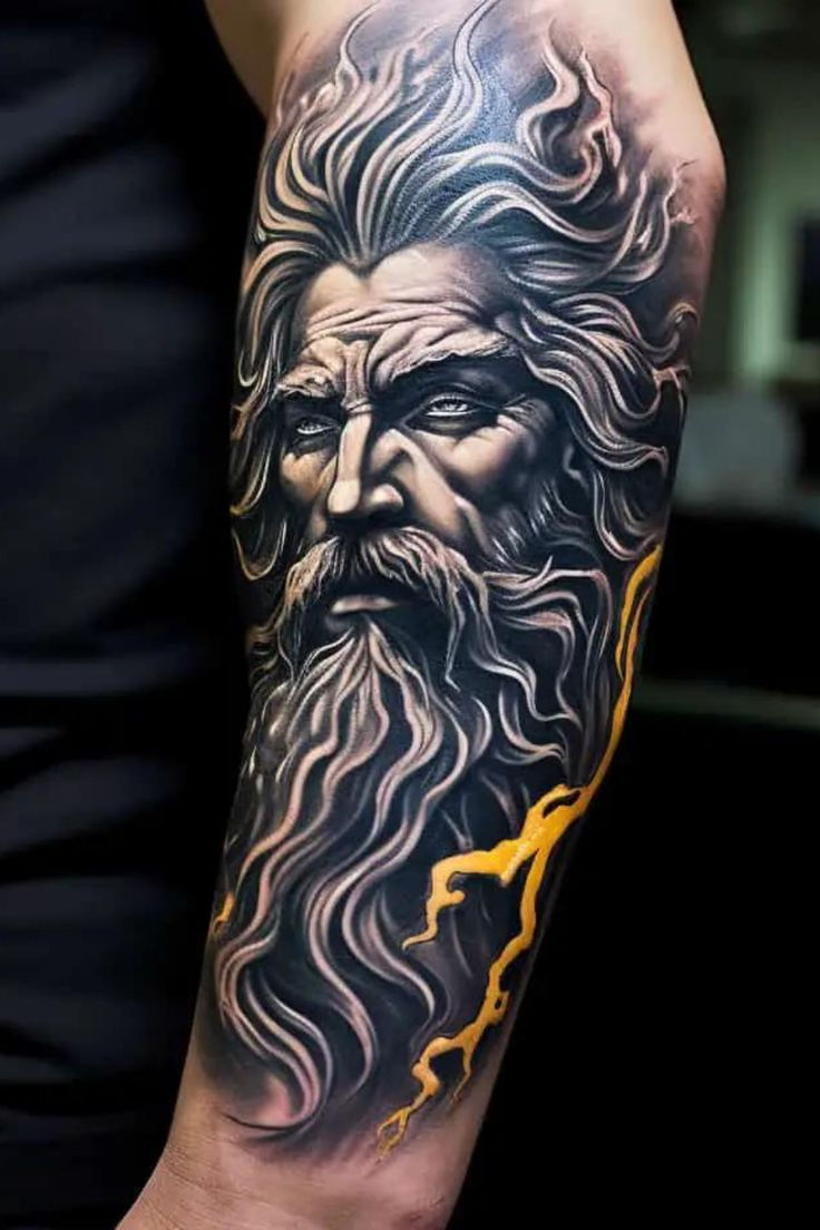 Neo-traditional Zeus tattoo with eagle perch — colorful god shoulder eagle vibrant shading mythology art