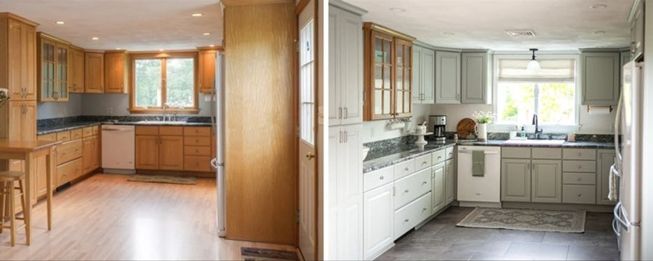 Kitchen remodel before and after images by Montana Cabinet Renew, illustrating a modern transformation and enhanced aesthetics.