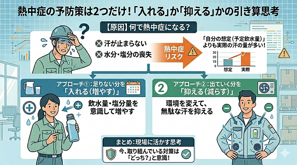 熱中症予防は、失う汗を補う行為と汗を少なくする行為を意識しましょう。