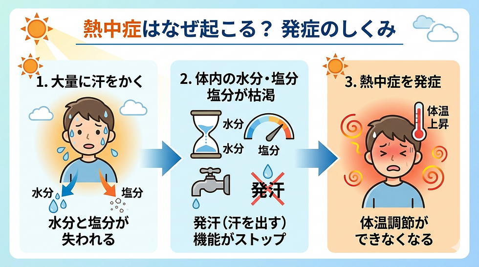 熱中症は水分や塩分不足になり汗が止まることで起こります。汗を失うと体温調整機能を失うからです。