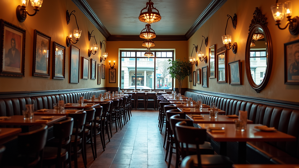 Wide angle view of a stylish New Orleans restaurant interior