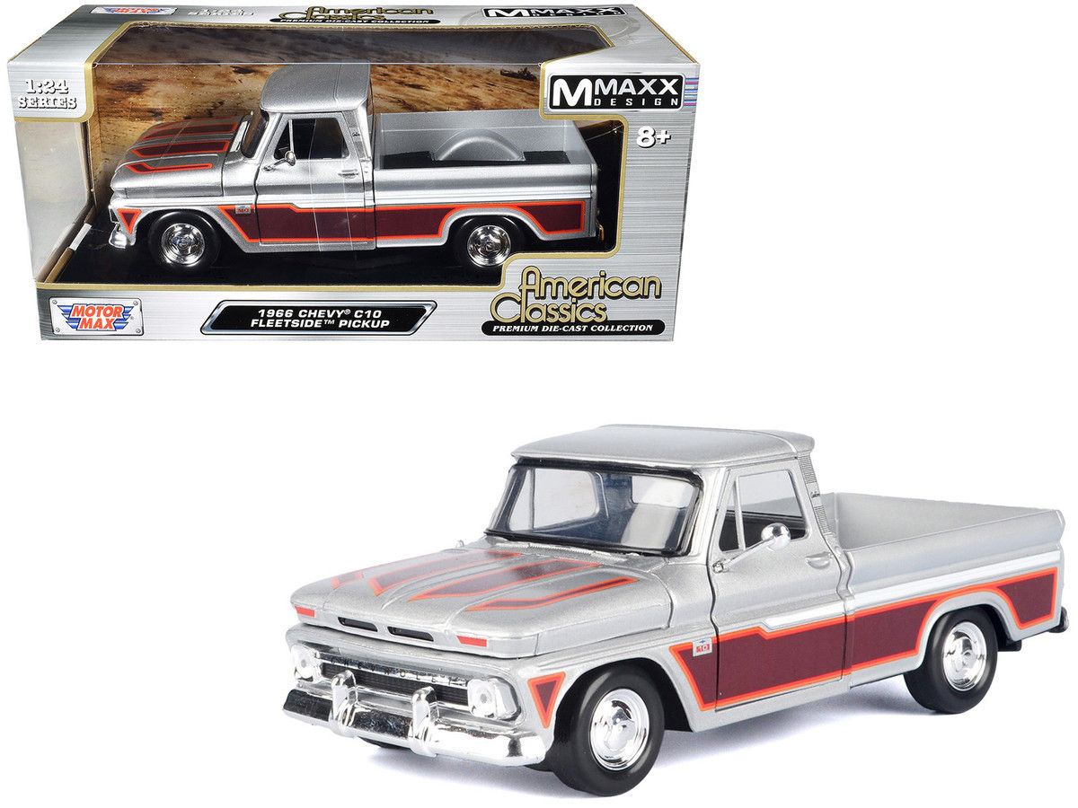 Motormax Diecast Cars 1/24 1966 Chevrolet C10 Fleetside Silver Metallic