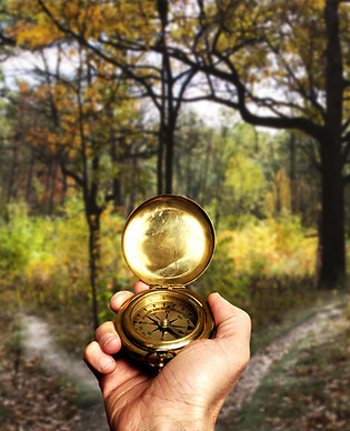 Hand hält goldenen Kompass