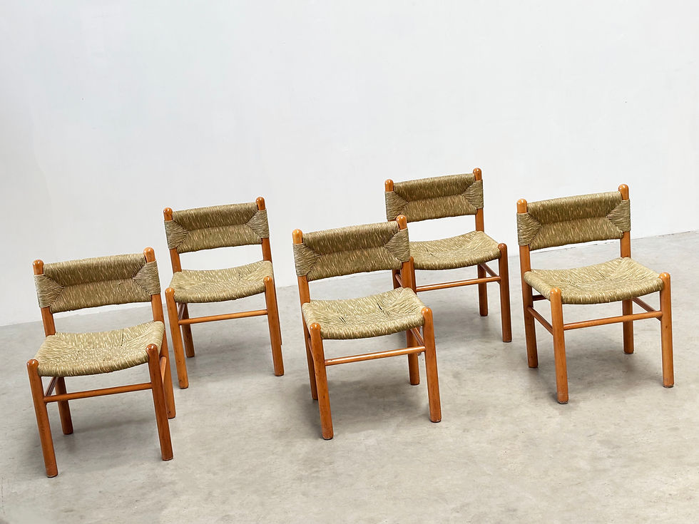 Thumbnail: Set of five rattan and oak French dining chairs