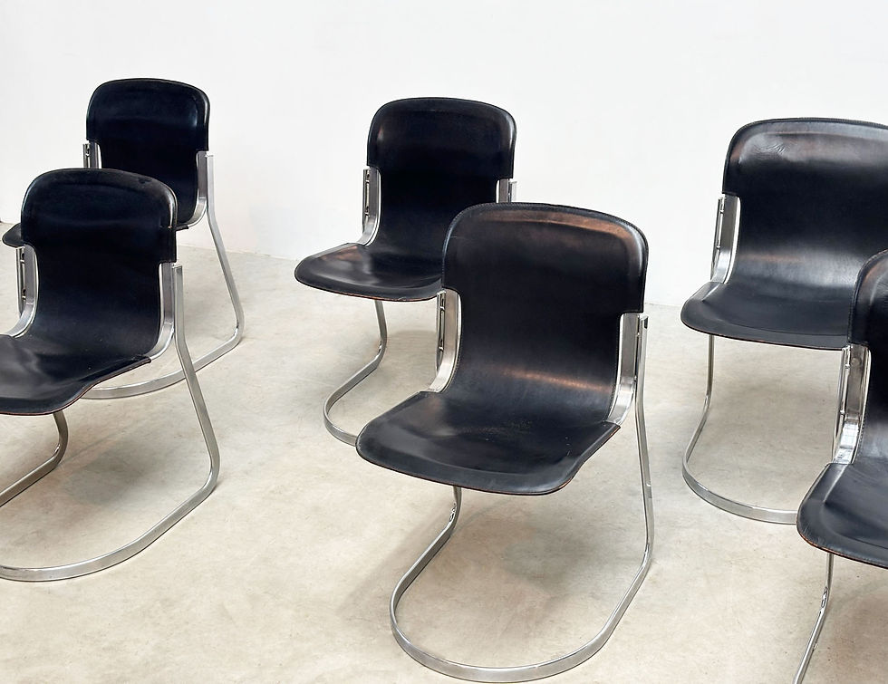 Thumbnail: Set of six black leather Willy Rizzo dining chairs
