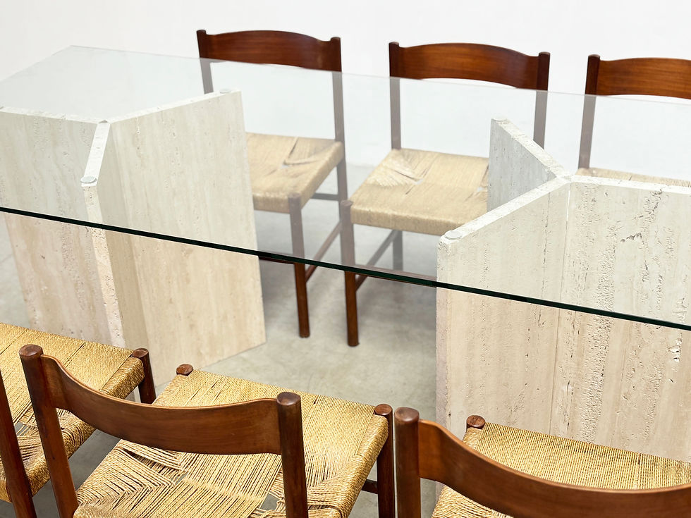 Thumbnail: Sculptural glass and travertine dining table