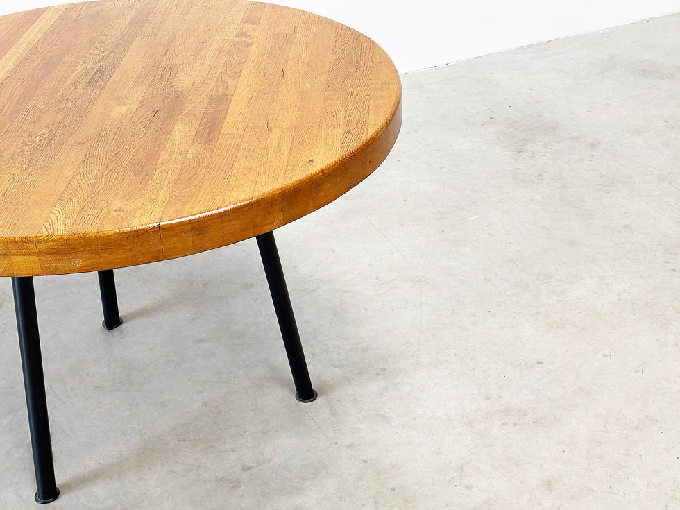 Thumbnail: Industrial French round dining table with oak top