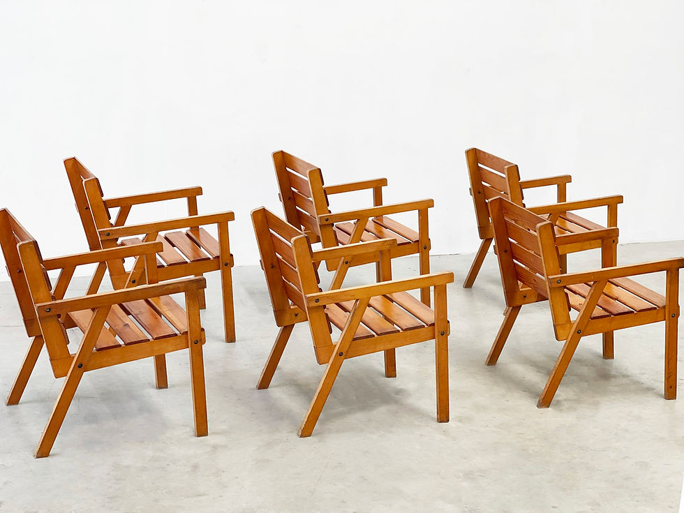 Thumbnail: Set of six French rustic armchairs