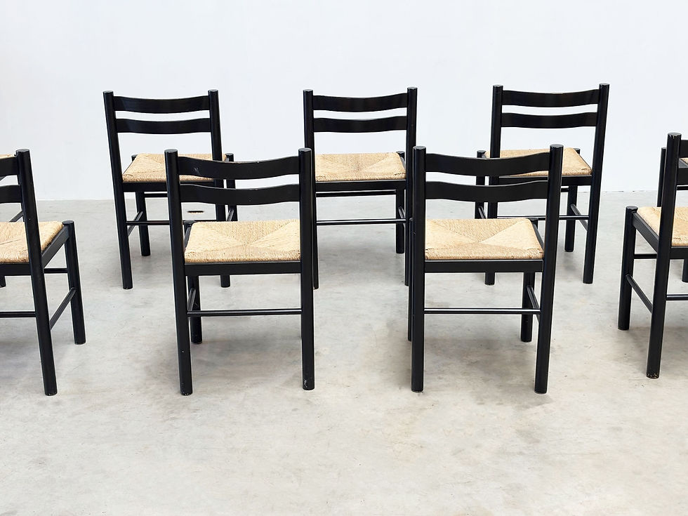 Thumbnail: Set of ten black and rattan dining chairs