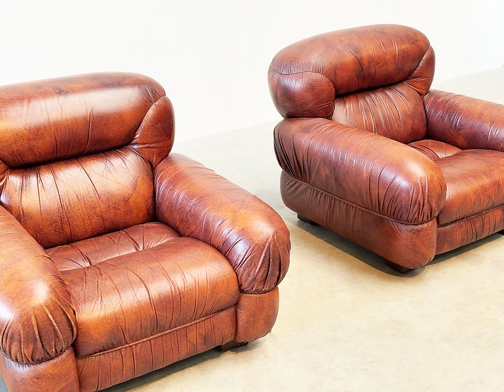 Thumbnail: Set of two Italian cognac leather lounge chairs