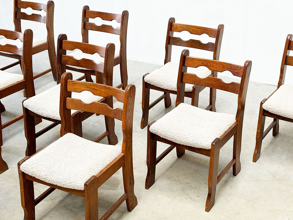 Thumbnail: Set of ten brutalist and bouclé dining chairs