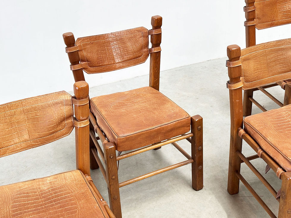 Thumbnail: Set of six brutalist leather dining chairs