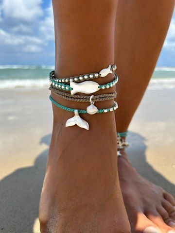 Thumbnail: 925 sterling silver bead anklets featuring anchor, whale tail, shell, and star charms.