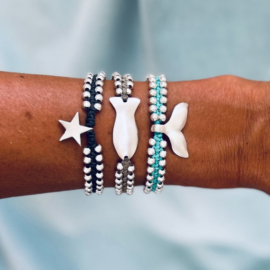 Thumbnail: 925 silver charm bracelets on waxed water resistant cord with two rows of 925 sterling silver seamless beads