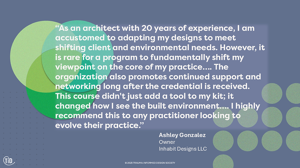 Quote graphic on blue with green circles; Ashley Gonzalez says the course fundamentally shifted her view of the core of her architectural practice.