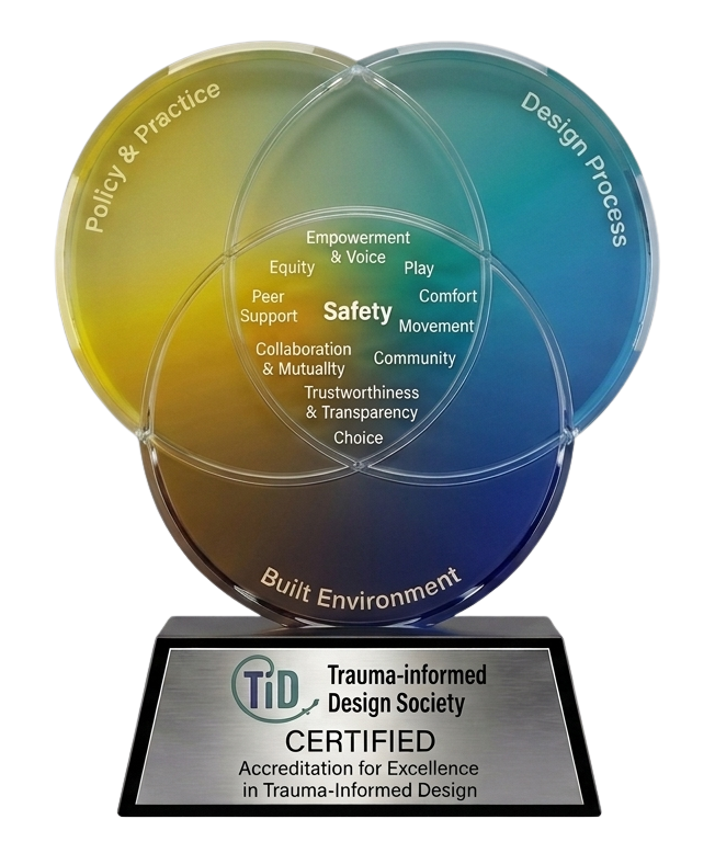 Trauma-informed Design Society certified award showing three overlapping gradient circles highlighting the three spheres and 11 domains of the TiD Framework.