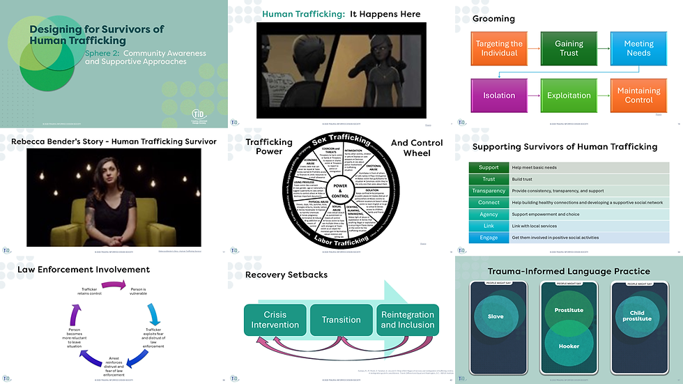 Collage of human trafficking awareness slides: grooming, survivor interview, support and recovery diagrams, with teal and blue graphics.