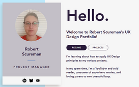 Robert Scureman UX Design Main page detail, showing the Welcome splash image.