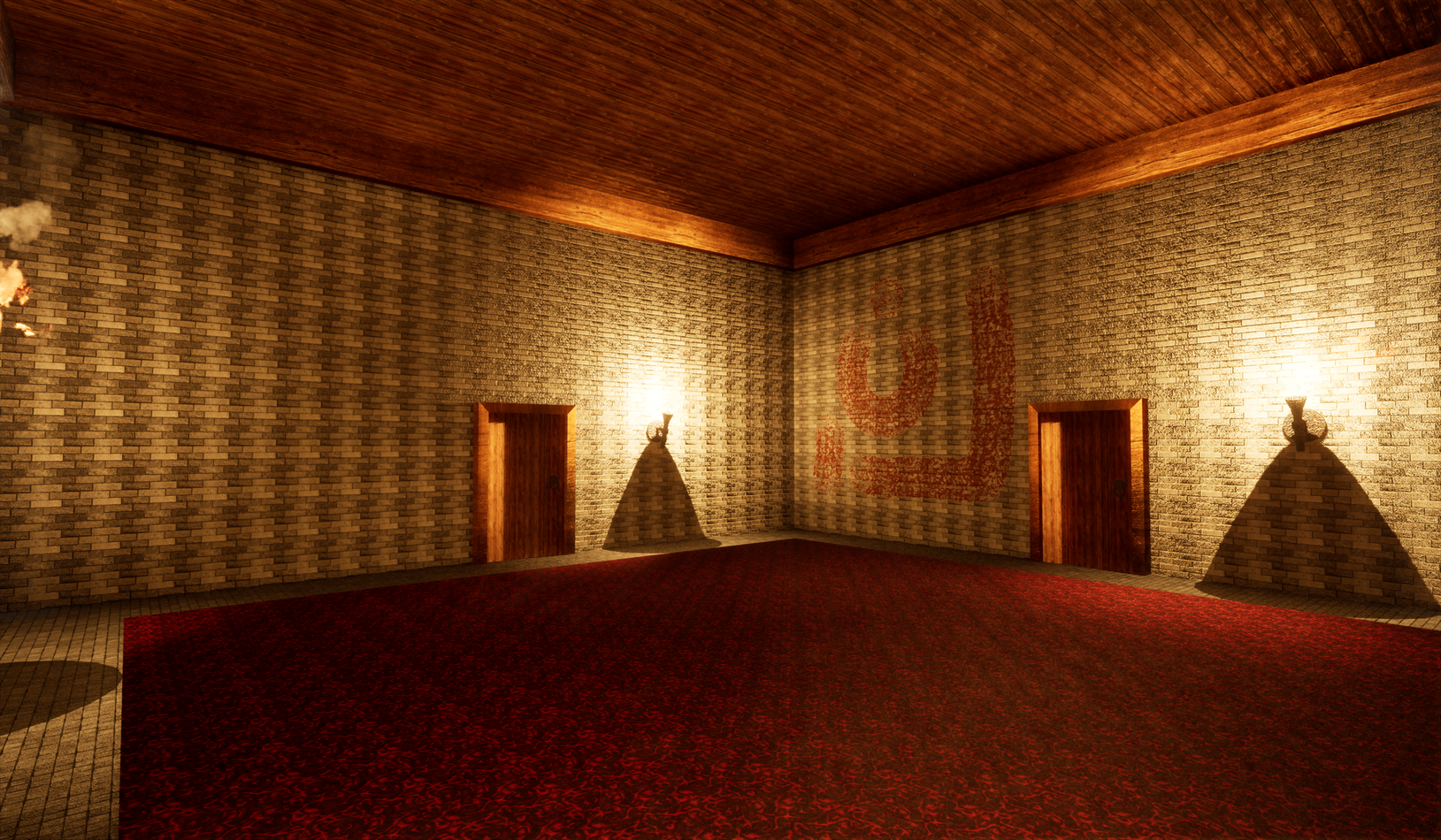 A 3D rendered environment showing a dimly lit room with a red carpet, stone brick walls, and wooden ceiling.