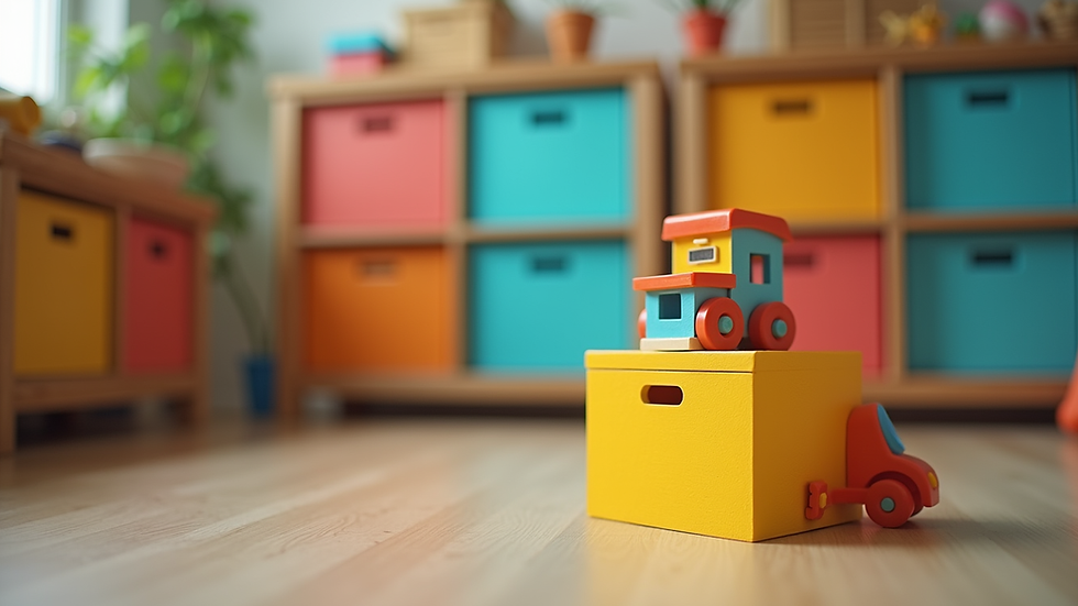 Eye-level view of a colorful toy storage solution