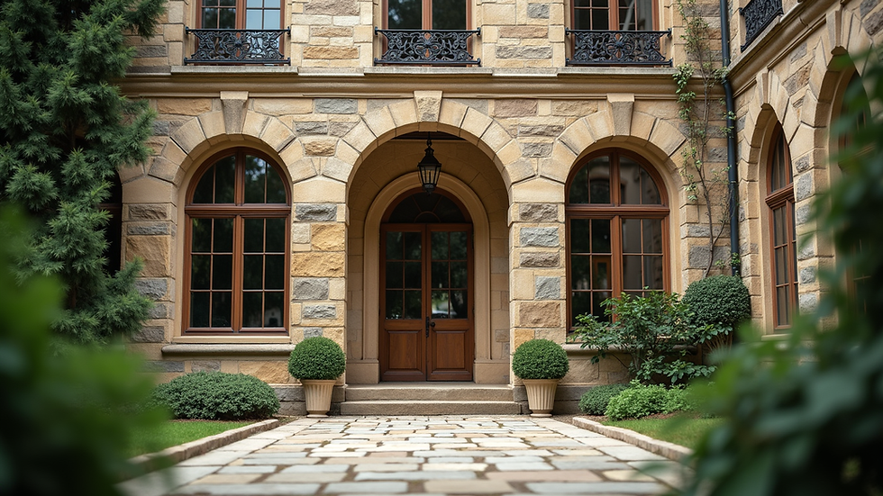 Eye-level view of mansion's stone facade with arched windows
