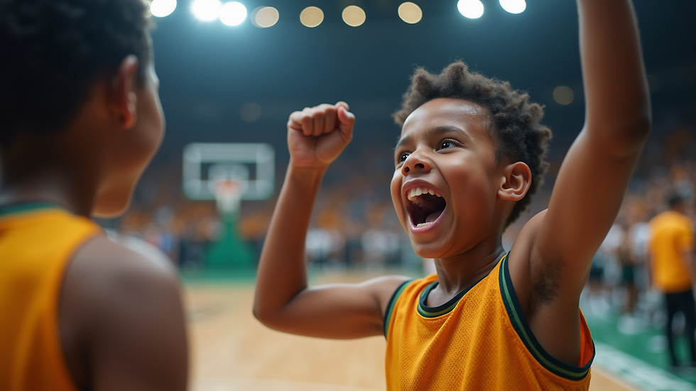 Close-up view of a young basketball player celebrating a victory