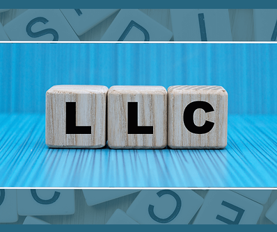 Wooden blocks with the letters LLC on them. Blue background with faint letters in the back.