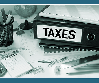 Black tax notebook on desk with paperclips and pens