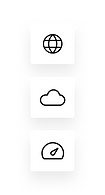 Icons representing the world, a cloud and a speedometer.