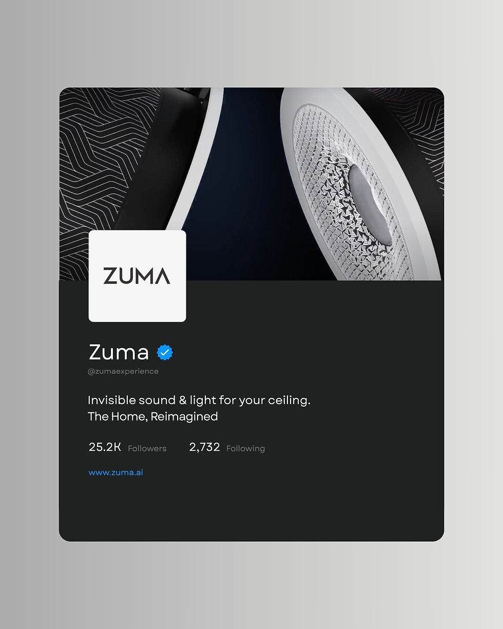 Zuma’s official Twitter profile mockup featuring the brand logo, tagline “Invisible sound & light for your ceiling. The Home,