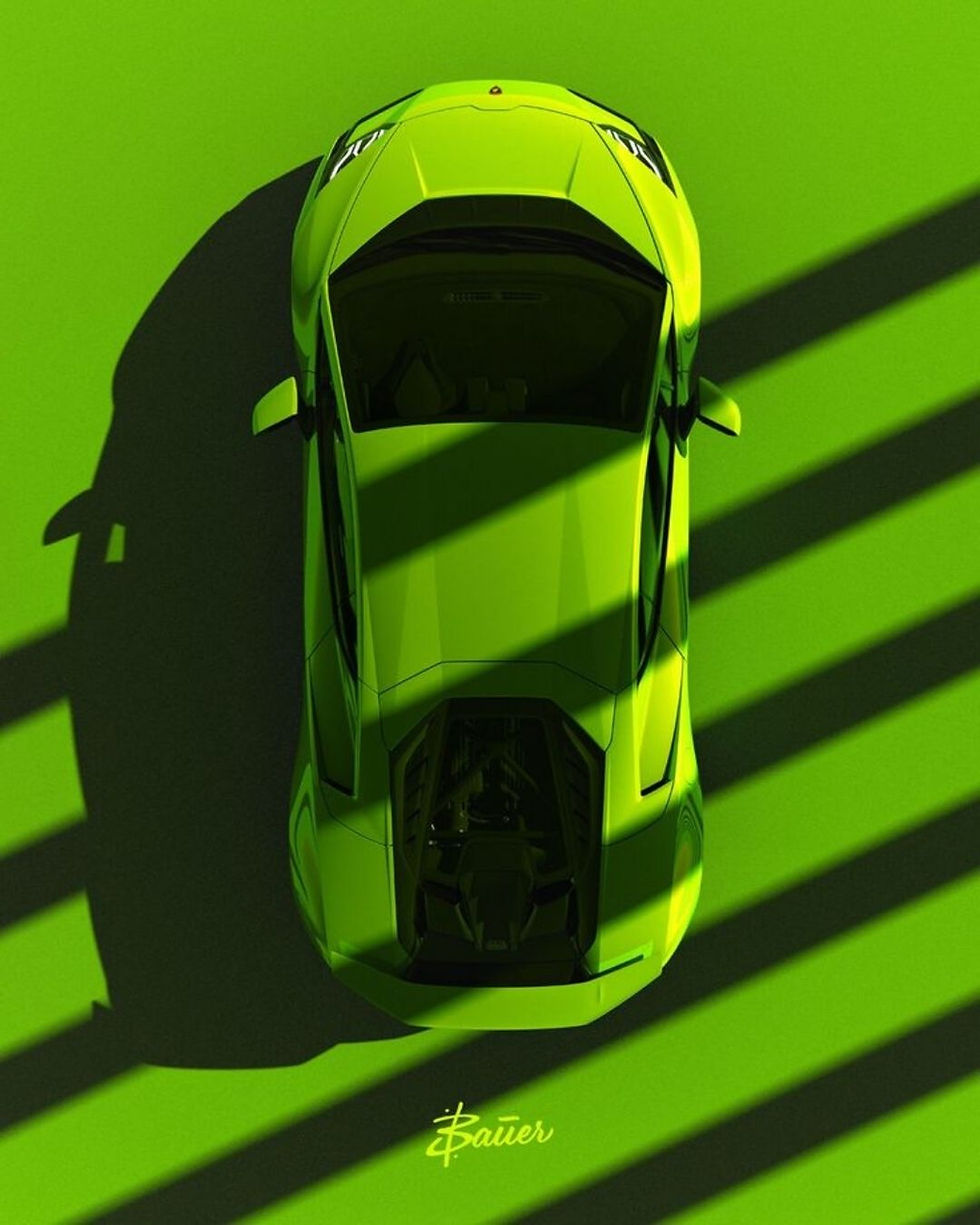 Top-down view of a neon green Lamborghini sports car parked under dramatic shadow lines, with “Bauer” signature at the botto