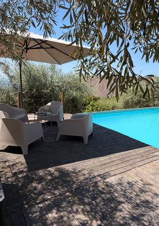 Private swimming pool with shaded seating area, wooden sun terrace, olive trees and panoramic sea views at Tenute Lomasi.