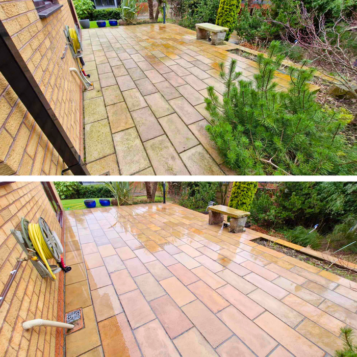 Indian sandstone patio restored after pressure washing in Mold