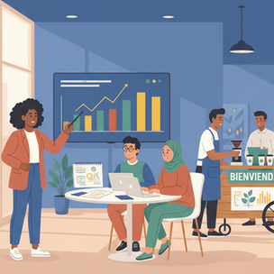 Ilustración de equipo de organización de eventos en Munco eventos. Fondo azul con planta y cartel "BIENVIENDAS". Ambiente colaborativo.