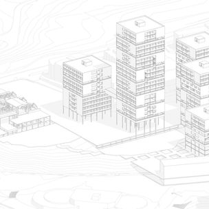 Isométrico arquitectónico en blanco y negro de varios edificios altos en Madrid. Fondo de líneas de contorno.